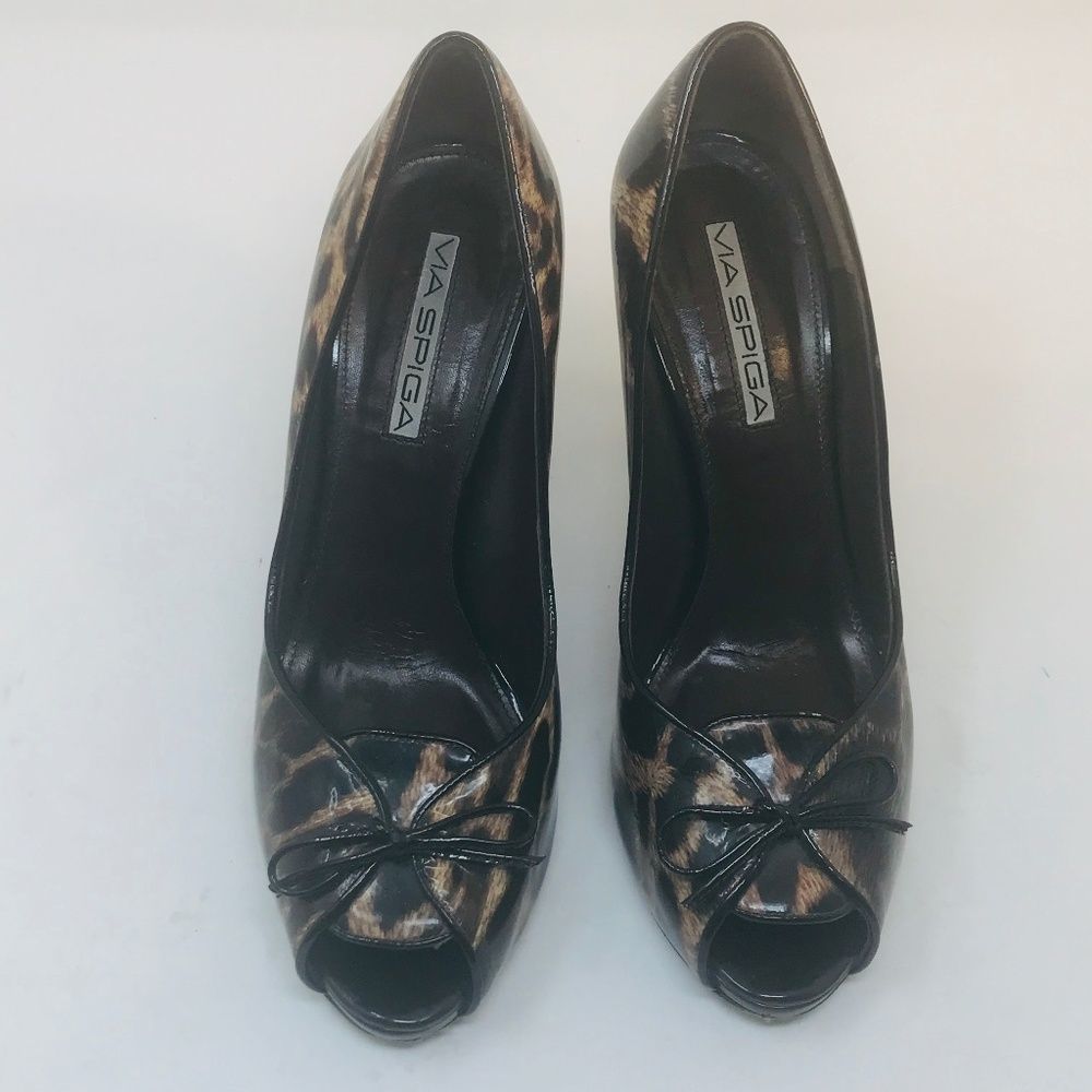 Via Spiga Patent Leopard Print Peep Toe Heel